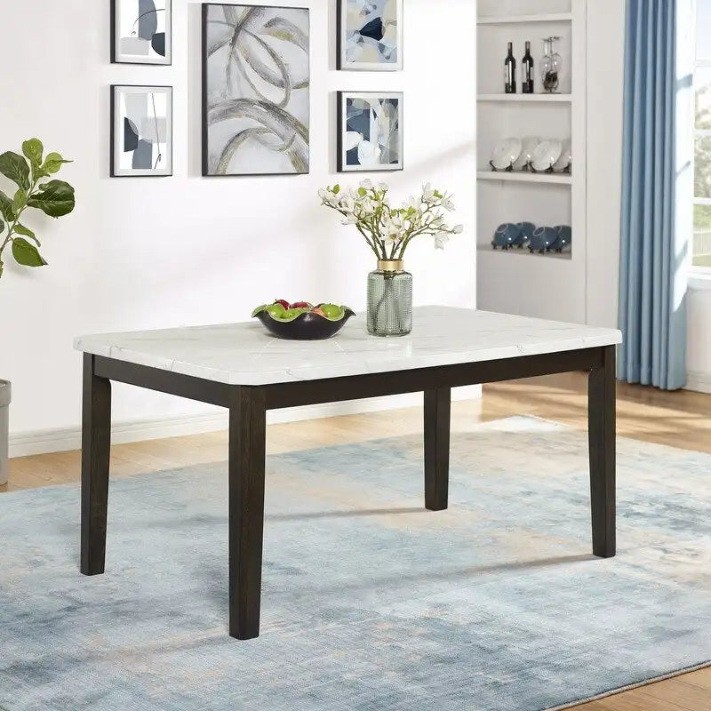 White Faux Marble Dining Table with Brown Wood Legs | 64"L x 38"W | Modern Style