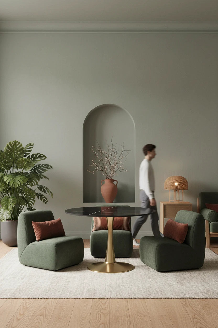 LeisureMod Round Dining Table 40 Sintered Stone Tabletop in Gold Steel Bistro Series