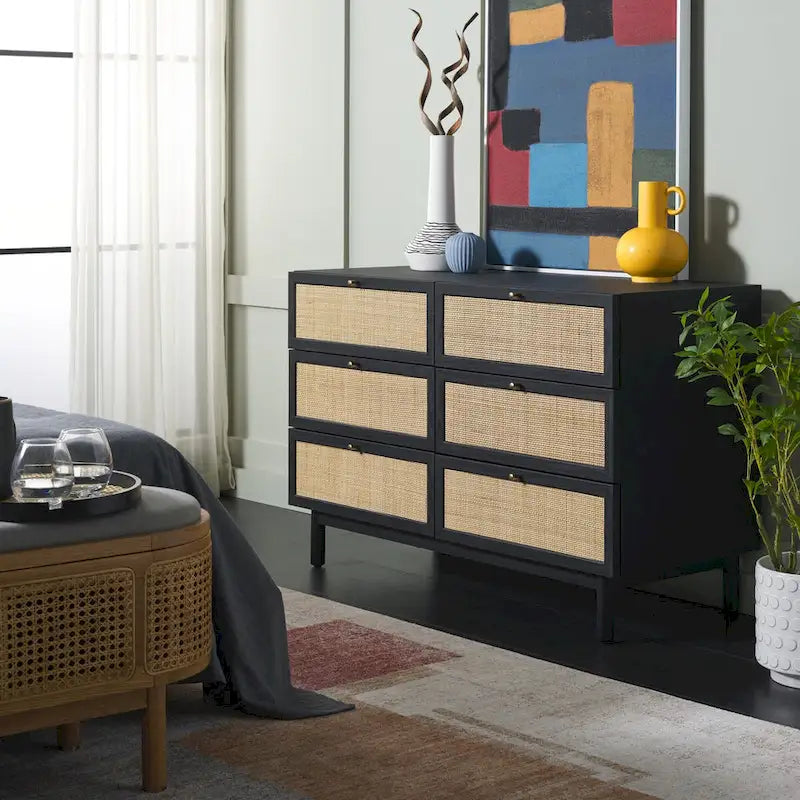 Commode 6 tiroirs avec façades en maille de rotin | Poignées rondes dorées | Rangement bohème pour chambre