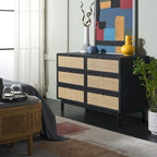 Commode 6 tiroirs avec façades en maille de rotin | Poignées rondes dorées | Rangement bohème pour chambre