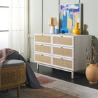 Commode 6 tiroirs avec façades en maille de rotin | Poignées rondes dorées | Rangement bohème pour chambre