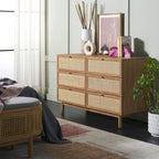 Commode 6 tiroirs avec façades en maille de rotin | Poignées rondes dorées | Rangement bohème pour chambre