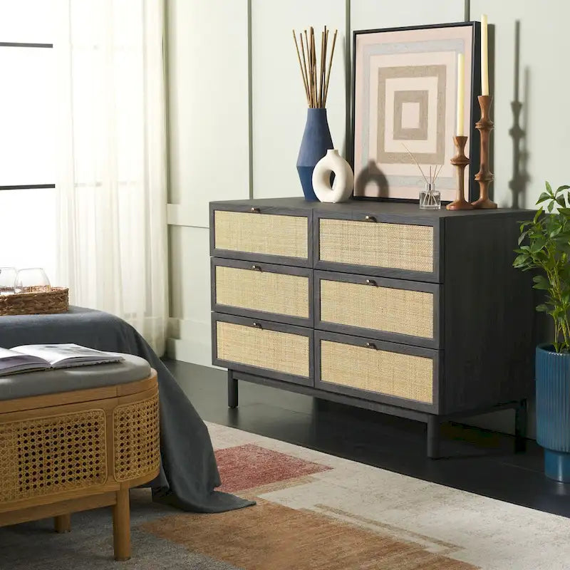 Commode 6 tiroirs avec façades en maille de rotin | Poignées rondes dorées | Rangement bohème pour chambre