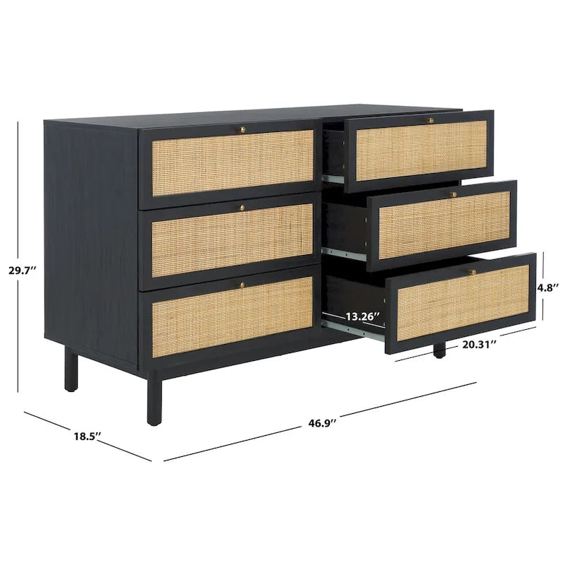 Commode 6 tiroirs avec façades en maille de rotin | Poignées rondes dorées | Rangement bohème pour chambre
