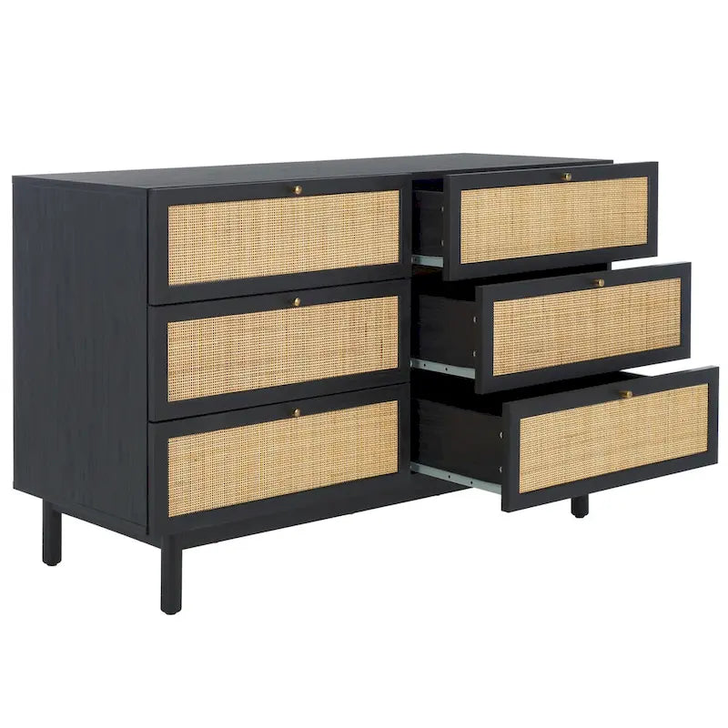 Commode 6 tiroirs avec façades en maille de rotin | Poignées rondes dorées | Rangement bohème pour chambre