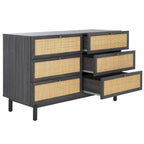 Commode 6 tiroirs avec façades en maille de rotin | Poignées rondes dorées | Rangement bohème pour chambre