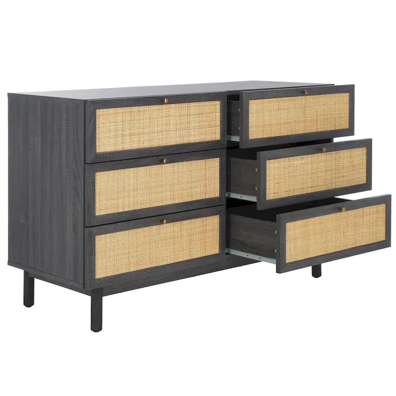 Commode 6 tiroirs avec façades en maille de rotin | Poignées rondes dorées | Rangement bohème pour chambre