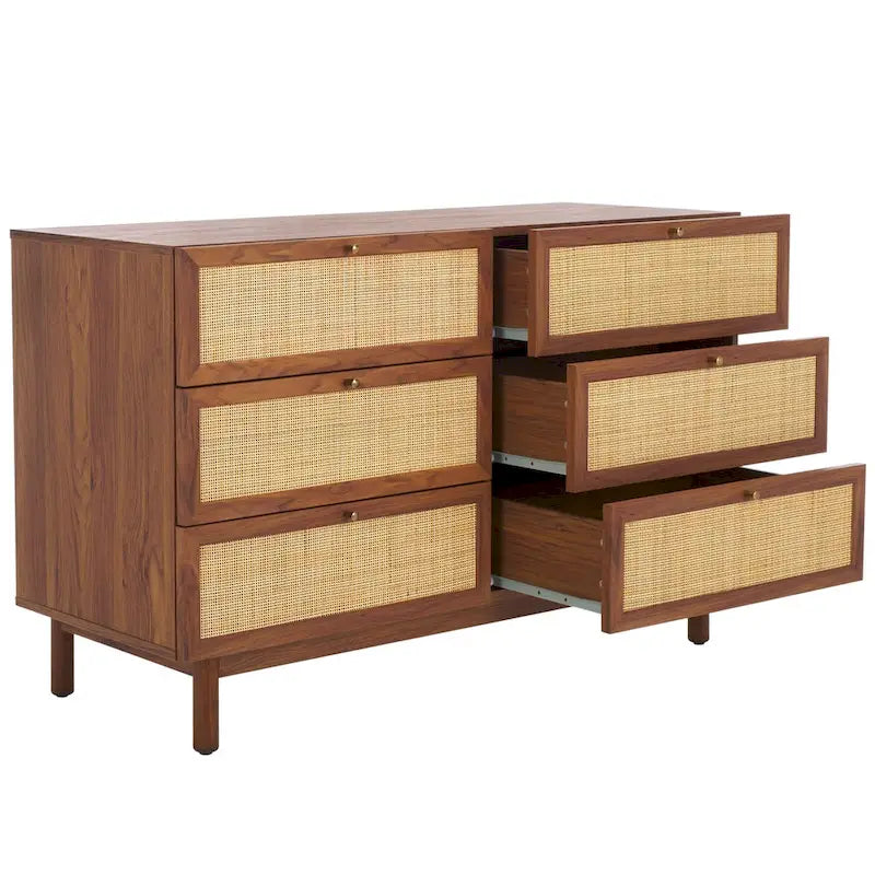 Commode 6 tiroirs avec façades en maille de rotin | Poignées rondes dorées | Rangement bohème pour chambre
