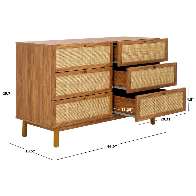 Commode 6 tiroirs avec façades en maille de rotin | Poignées rondes dorées | Rangement bohème pour chambre
