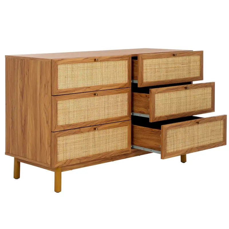 Commode 6 tiroirs avec façades en maille de rotin | Poignées rondes dorées | Rangement bohème pour chambre