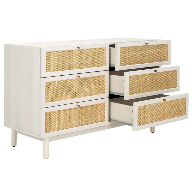 Commode 6 tiroirs avec façades en maille de rotin | Poignées rondes dorées | Rangement bohème pour chambre